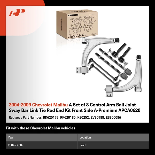 2004-2009 Chevrolet Malibu A Set of 8 Control Arm Ball Joint Sway Bar Link Tie Rod End Kit Front Side A-Premium APCA0620