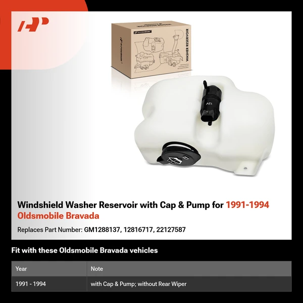 Windshield Washer Reservoir with Cap & Pump for 1991-1994 Oldsmobile Bravada