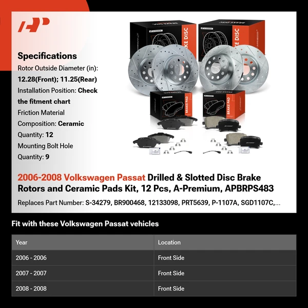 2006-2008 Volkswagen Passat Drilled & Slotted Disc Brake Rotors and Ceramic Pads Kit, 12 Pcs, A-Premium, APBRPS483