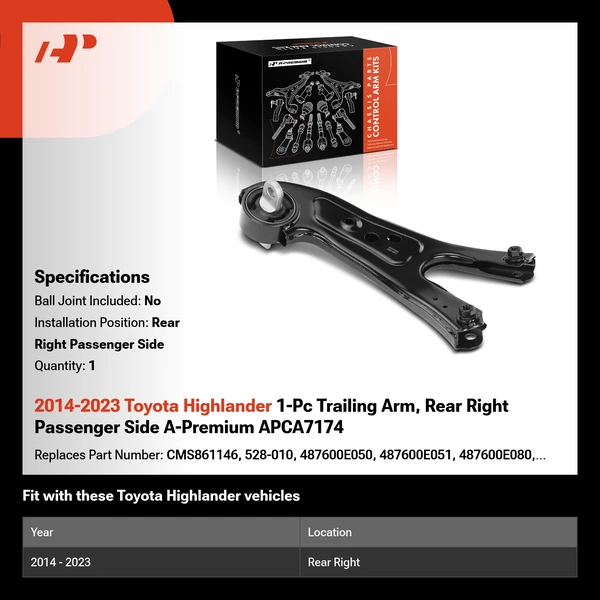 2014-2023 Toyota Highlander 1-Pc Trailing Arm, Rear Right Passenger Side A-Premium APCA7174