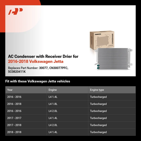 AC Condenser with Receiver Drier for 2016-2018 Volkswagen Jetta