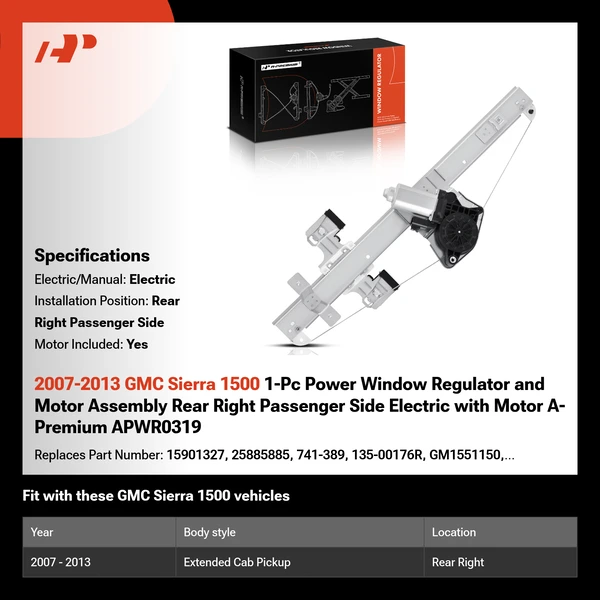 2007-2013 GMC Sierra 1500 1-Pc Power Window Regulator and Motor Assembly Rear Right Passenger Side Electric with Motor A-Premium APWR0319