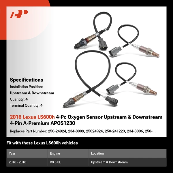 2016 Lexus LS600h 4-Pc Oxygen Sensor Upstream & Downstream 4-Pin A-Premium APOS1230
