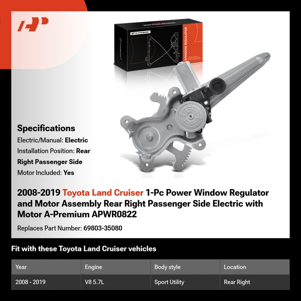 2008-2019 Toyota Land Cruiser 1-Pc Power Window Regulator and Motor Assembly Rear Right Passenger Side Electric with Motor A-Premium APWR0822