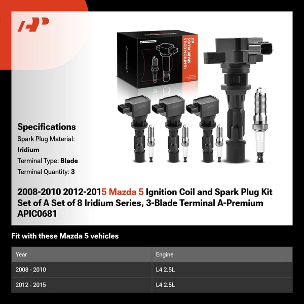 2008-2010 2012-2015 Mazda 5 Ignition Coil and Spark Plug Kit Set of A Set of 8 Iridium Series, 3-Blade Terminal A-Premium APIC0681