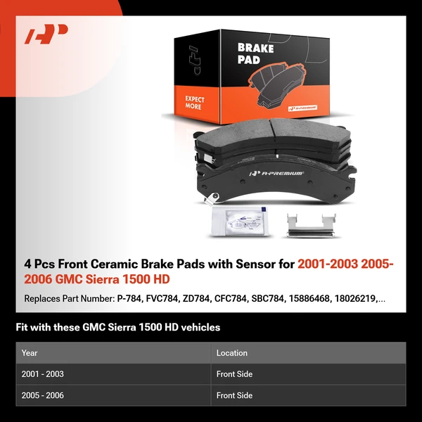4 Pcs Front Ceramic Brake Pads with Sensor for 2001-2003 2005-2006 GMC Sierra 1500 HD