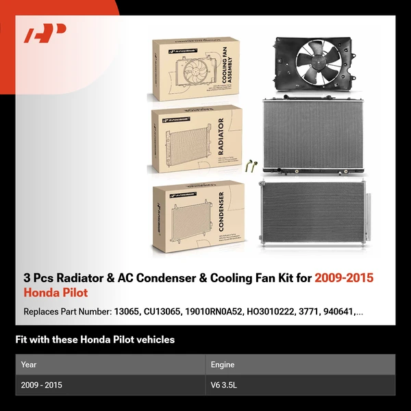 3 Pcs Radiator & AC Condenser & Cooling Fan Kit for 2009-2015 Honda Pilot