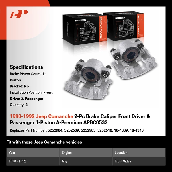 1990-1992 Jeep Comanche 2-Pc Brake Caliper Front Driver & Passenger 1-Piston A-Premium APBC0532