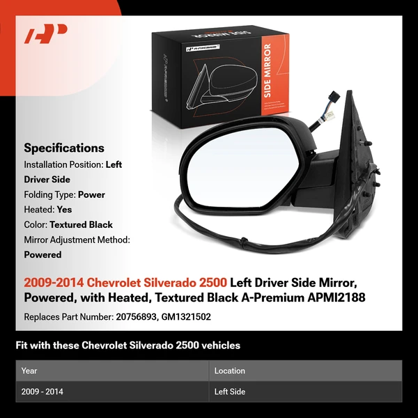 2009-2014 Chevrolet Silverado 2500 Left Driver Side Mirror, Powered, with Heated, Textured Black A-Premium APMI2188