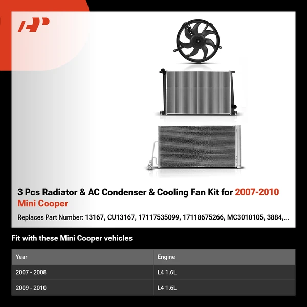 3 Pcs Radiator & AC Condenser & Cooling Fan Kit for 2007-2010 Mini Cooper