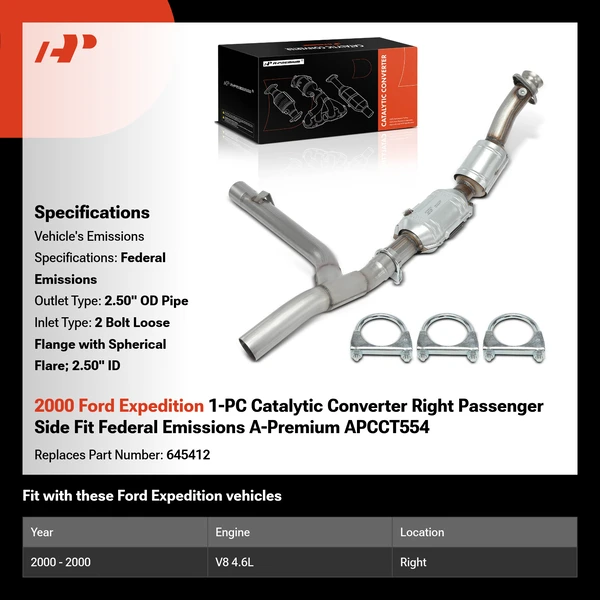 2000 Ford Expedition 1-PC Catalytic Converter Right Passenger Side Fit Federal Emissions A-Premium APCCT554