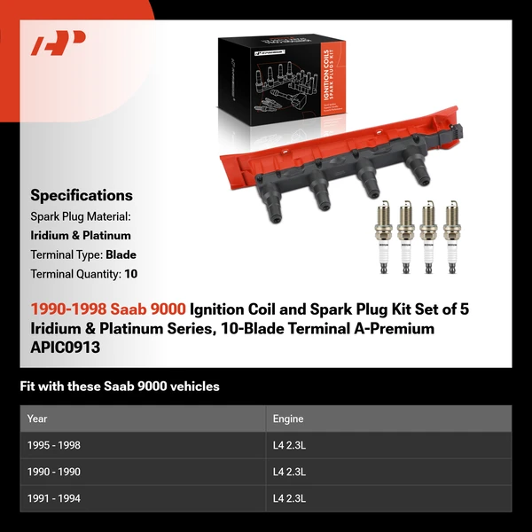 1990-1998 Saab 9000 Ignition Coil and Spark Plug Kit Set of 5 Iridium & Platinum Series, 10-Blade Terminal A-Premium APIC0913