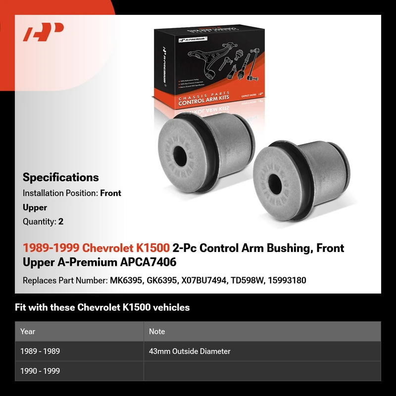 1989-1999 Chevrolet K1500 2-Pc Control Arm Bushing, Front Upper A-Premium APCA7406