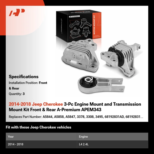 2014-2018 Jeep Cherokee 3-Pc Engine Mount and Transmission Mount Kit Front & Rear A-Premium APEM343