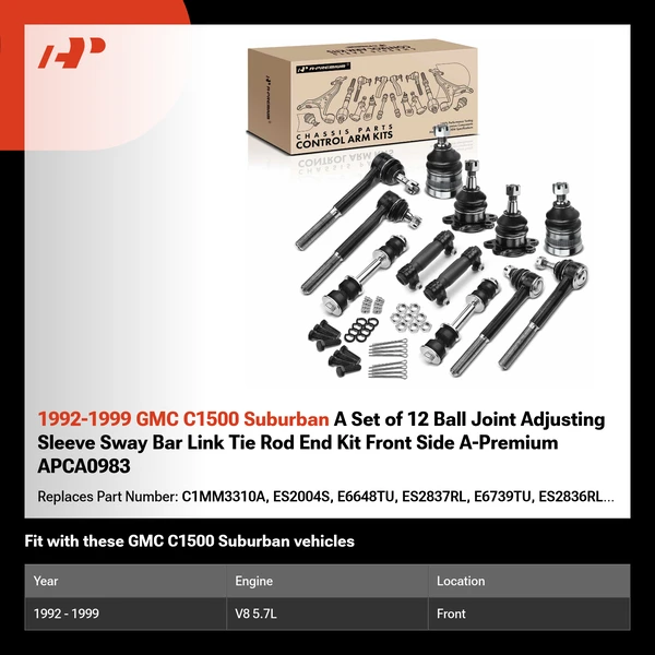 1992-1999 GMC C1500 Suburban A Set of 12 Ball Joint Adjusting Sleeve Sway Bar Link Tie Rod End Kit Front Side A-Premium APCA0983