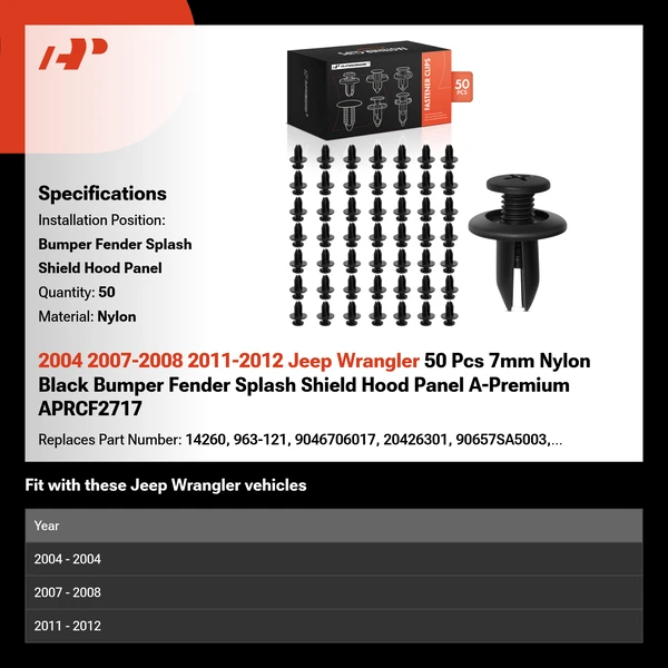 2004 2007-2008 2011-2012 Jeep Wrangler 50 Pcs 7mm Nylon Black Bumper Fender Splash Shield Hood Panel A-Premium APRCF2717