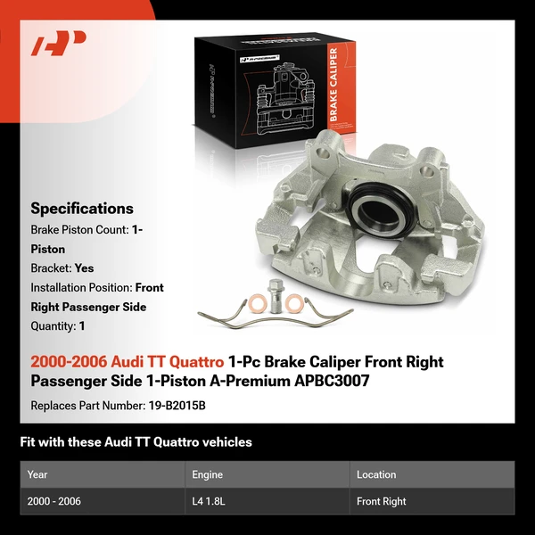 2000-2006 Audi TT Quattro 1-Pc Brake Caliper Front Right Passenger Side 1-Piston A-Premium APBC3007