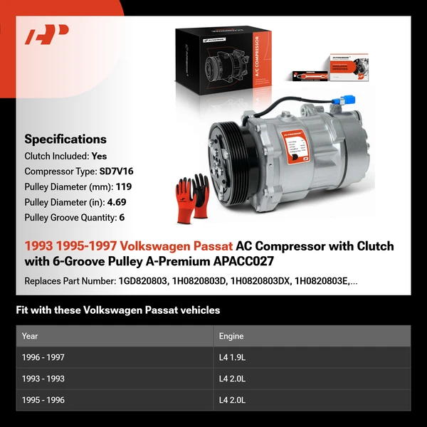 1993 1995-1997 Volkswagen Passat AC Compressor with Clutch with 6-Groove Pulley A-Premium APACC027