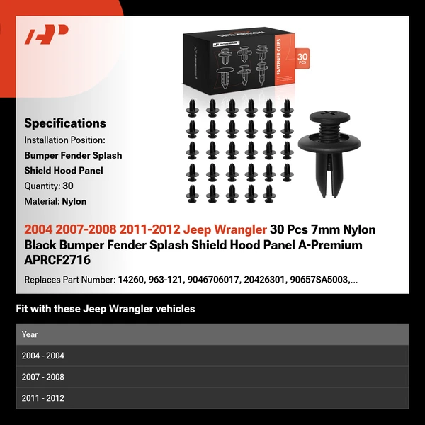 2004 2007-2008 2011-2012 Jeep Wrangler 30 Pcs 7mm Nylon Black Bumper Fender Splash Shield Hood Panel A-Premium APRCF2716