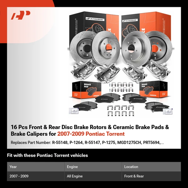 16 Pcs Front & Rear Disc Brake Rotors & Ceramic Brake Pads & Brake Calipers for 2007-2009 Pontiac Torrent