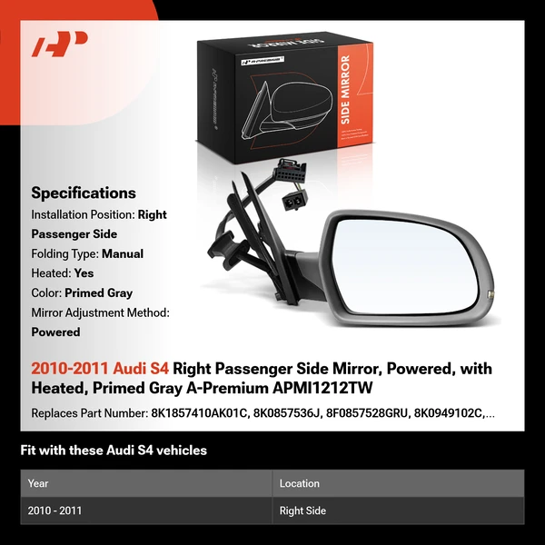 2010-2011 Audi S4 Right Passenger Side Mirror, Powered, with Heated, Primed Gray A-Premium APMI1212TW