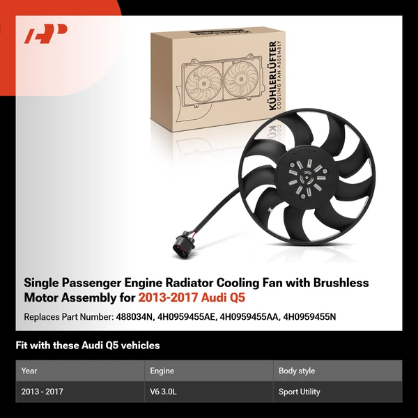 Single Passenger Engine Radiator Cooling Fan with Brushless Motor Assembly for 2013-2017 Audi Q5