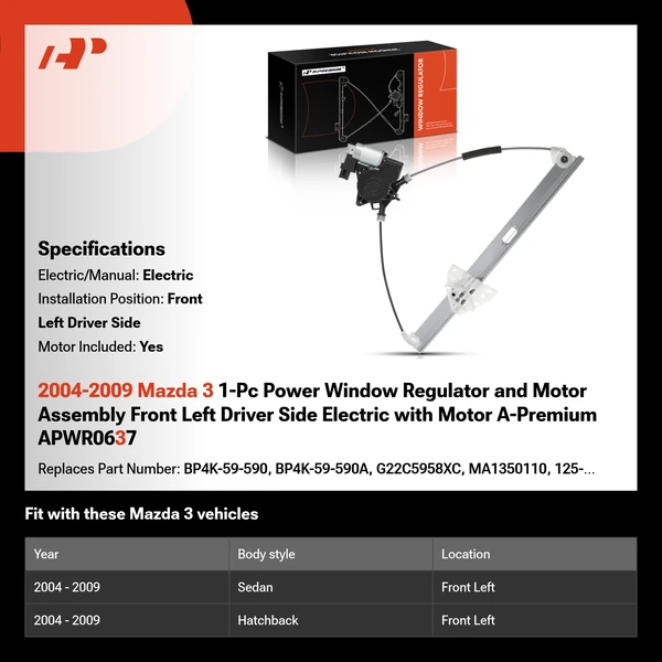 2004-2009 Mazda 3 1-Pc Power Window Regulator and Motor Assembly Front Left Driver Side Electric with Motor A-Premium APWR0637