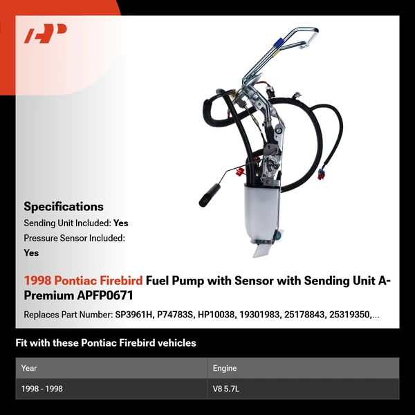 1998 Pontiac Firebird Fuel Pump with Sensor with Sending Unit A-Premium APFP0671