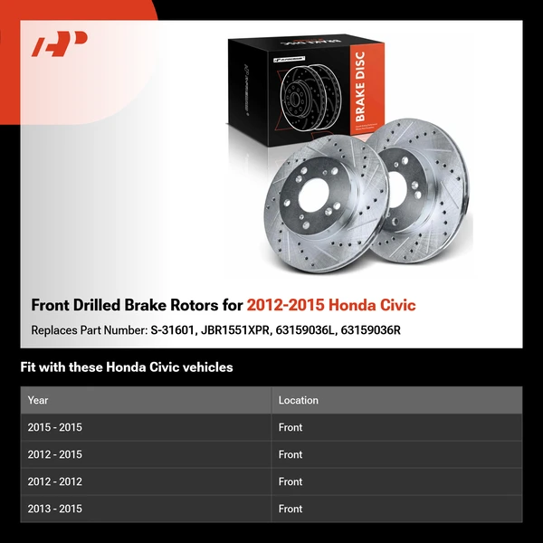 Front Drilled Brake Rotors for 2012-2015 Honda Civic