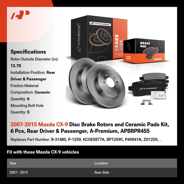 2007-2015 Mazda CX-9 Disc Brake Rotors and Ceramic Pads Kit, 6 Pcs, Rear Driver & Passenger, A-Premium, APBRPR455