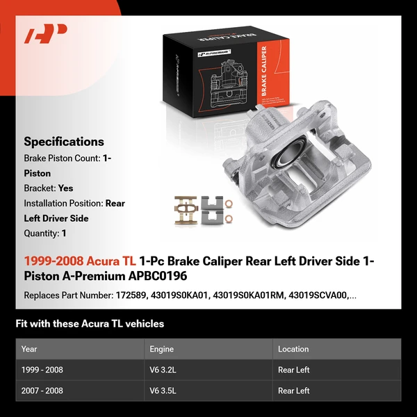 1999-2008 Acura TL 1-Pc Brake Caliper Rear Left Driver Side 1-Piston A-Premium APBC0196