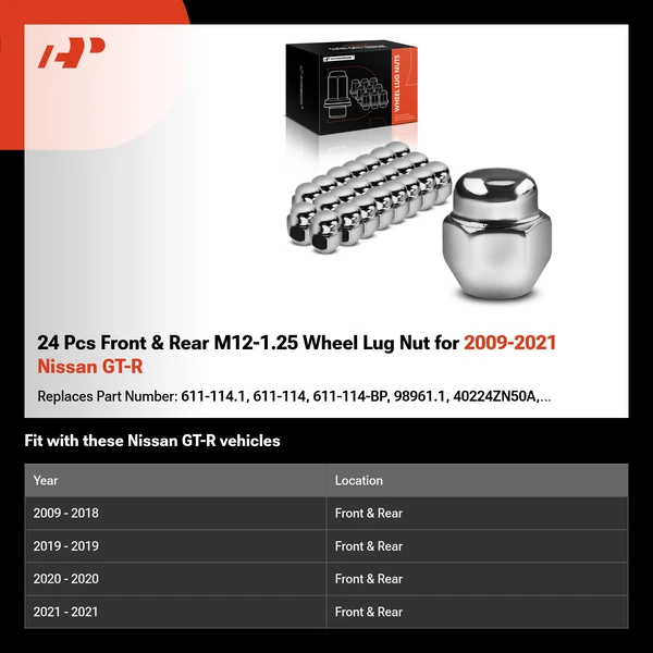 24 Pcs Front & Rear M12-1.25 Wheel Lug Nut for 2009-2021 Nissan GT-R