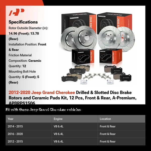 2012-2020 Jeep Grand Cherokee Drilled & Slotted Disc Brake Rotors and Ceramic Pads Kit, 12 Pcs, Front & Rear, A-Premium, APBRPS1506