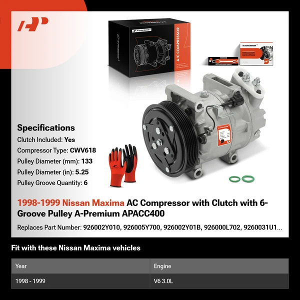 1998-1999 Nissan Maxima AC Compressor with Clutch with 6-Groove Pulley A-Premium APACC400
