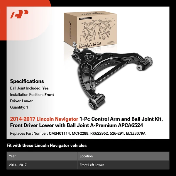 2014-2017 Lincoln Navigator 1-Pc Control Arm and Ball Joint Kit, Front Driver Lower with Ball Joint A-Premium APCA6524