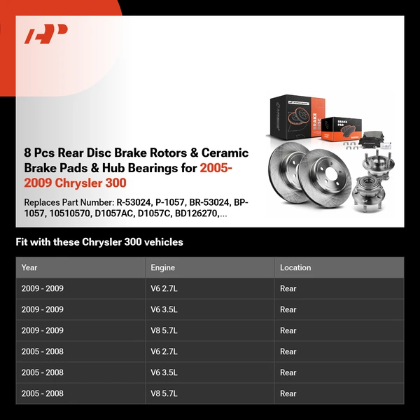 8 Pcs Rear Disc Brake Rotors & Ceramic Brake Pads & Hub Bearings for 2005-2009 Chrysler 300