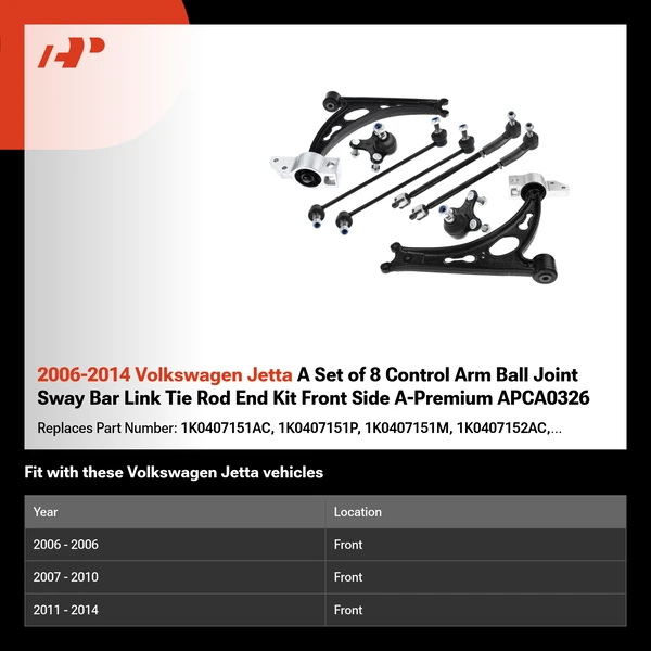 2006-2014 Volkswagen Jetta A Set of 8 Control Arm Ball Joint Sway Bar Link Tie Rod End Kit Front Side A-Premium APCA0326
