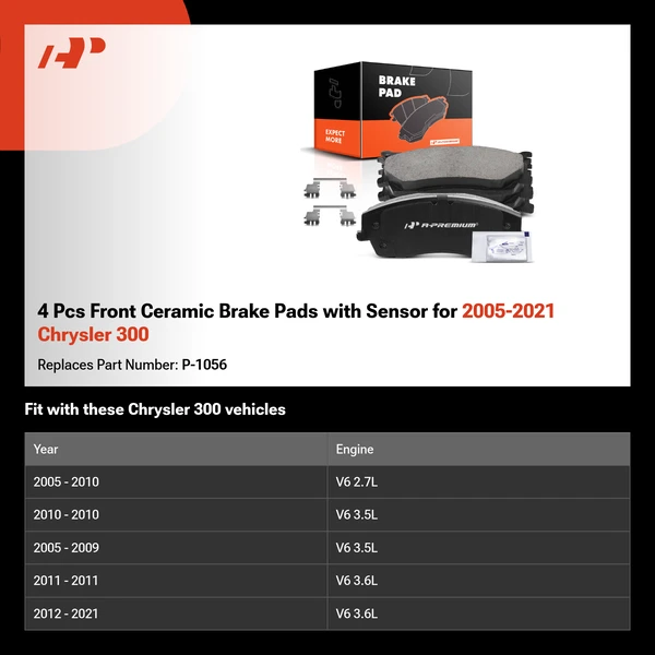 4 Pcs Front Ceramic Brake Pads with Sensor for 2005-2021 Chrysler 300