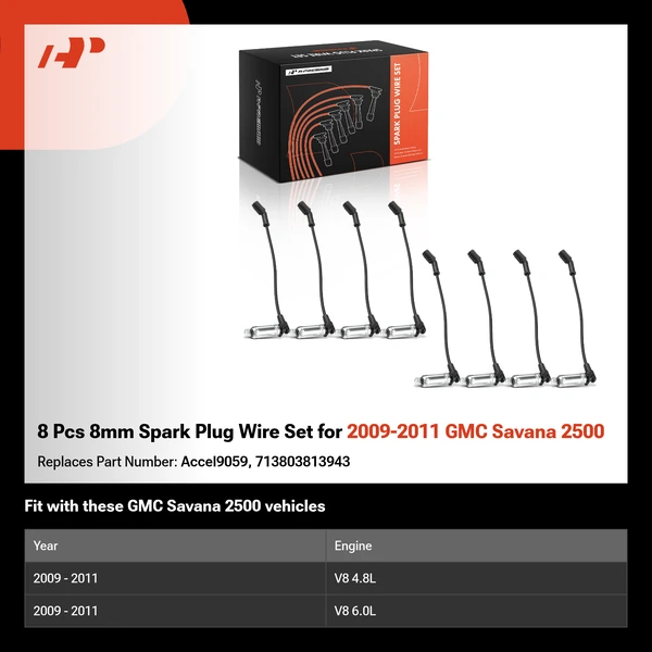 8 Pcs 8mm Spark Plug Wire Set for 2009-2011 GMC Savana 2500