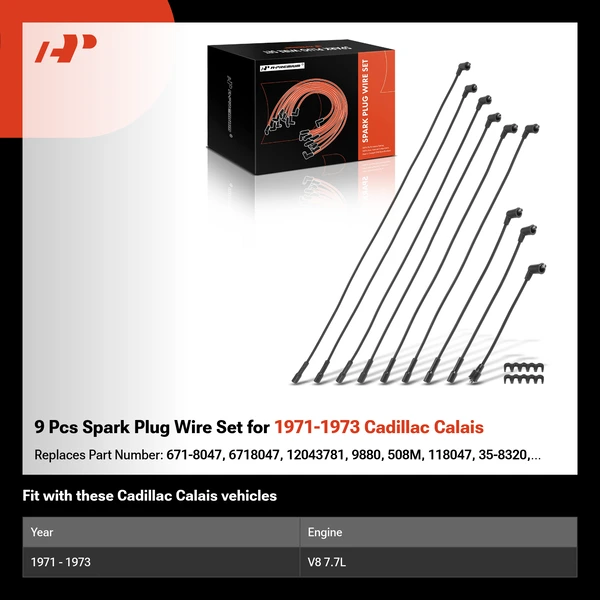 9 Pcs Spark Plug Wire Set for 1971-1973 Cadillac Calais