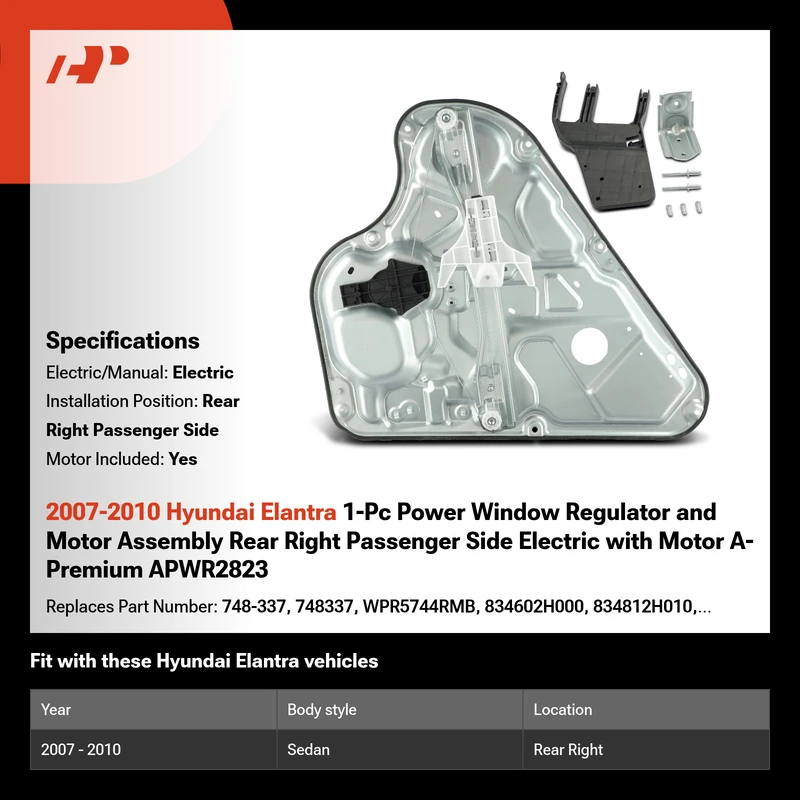 2007-2010 Hyundai Elantra 1-Pc Power Window Regulator and Motor Assembly Rear Right Passenger Side Electric with Motor A-Premium APWR2823