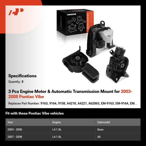 3 Pcs Engine Motor & Automatic Transmission Mount for 2003-2008 Pontiac Vibe
