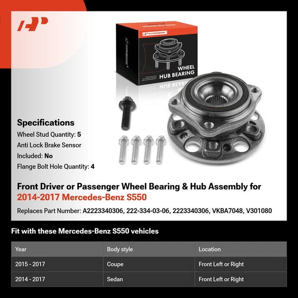 Front Driver or Passenger Wheel Bearing & Hub Assembly for 2014-2017 Mercedes-Benz S550