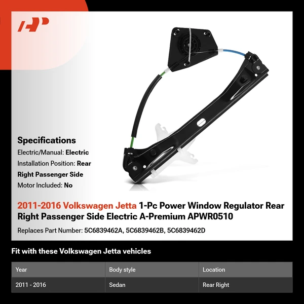 2011-2016 Volkswagen Jetta 1-Pc Power Window Regulator Rear Right Passenger Side Electric A-Premium APWR0510