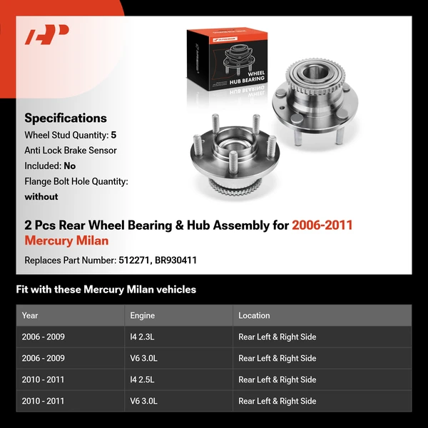 2 Pcs Rear Wheel Bearing & Hub Assembly for 2006-2011 Mercury Milan