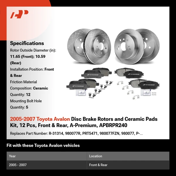2005-2007 Toyota Avalon Disc Brake Rotors and Ceramic Pads Kit, 12 Pcs, Front & Rear, A-Premium, APBRPR240