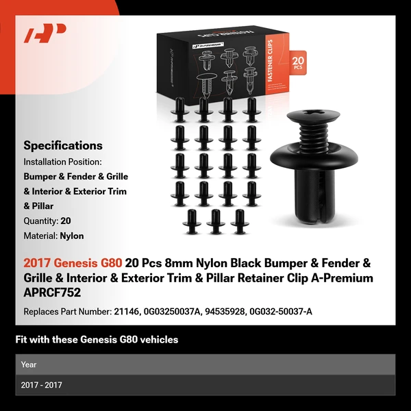 2017 Genesis G80 20 Pcs 8mm Nylon Black Bumper & Fender & Grille & Interior & Exterior Trim & Pillar A-Premium APRCF752