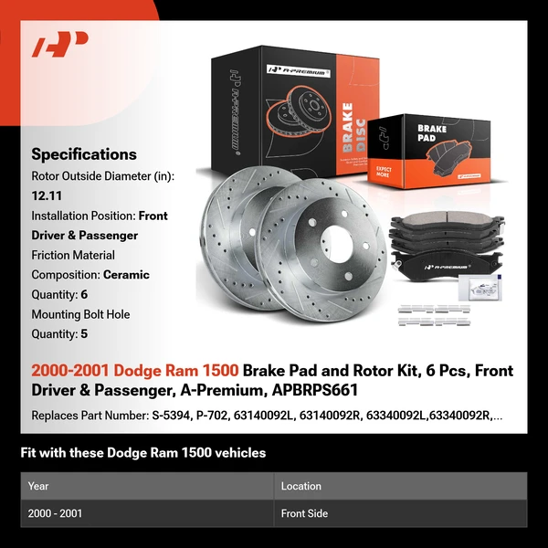2000-2001 Dodge Ram 1500 Brake Pad and Rotor Kit, 6 Pcs, Front Driver & Passenger, A-Premium, APBRPS661