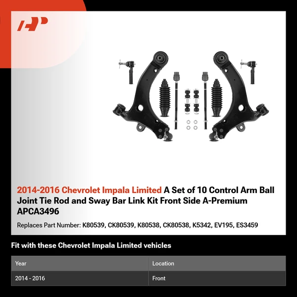 2014-2016 Chevrolet Impala Limited A Set of 10 Control Arm Ball Joint Tie Rod and Sway Bar Link Kit Front Side A-Premium APCA3496