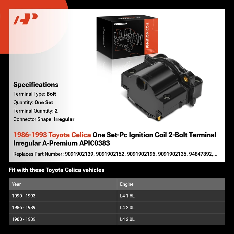 1986-1993 Toyota Celica One Set-Pc Ignition Coil 2-Bolt Terminal Irregular A-Premium APIC0383